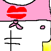 tuxpaint half-shot drawing of boutarou in a pink cropped, tank with a kiss on it with a speech bubble saying: oh hey shiriashi didn't expect to see you here. behind boutarou is a rainbow and sugimoto saichi in a diaper & straightjacket with usami tokishige in a gimp mask & thong. 